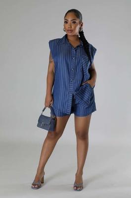 Modern Style Striped Shirt and High-Waisted Shorts Set