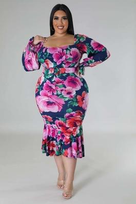 Plus Size Graceful Flare Sleeve Belted Dress