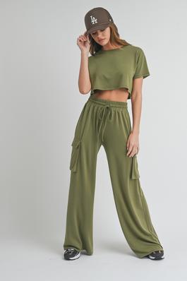 Round Neck Crop and Wide Drawstring Pants Set