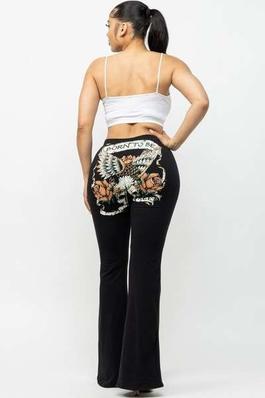 STRETCH COTTON BOOTCUT ELASTIC WAIST PANTS WITH GRAPHIC BACK