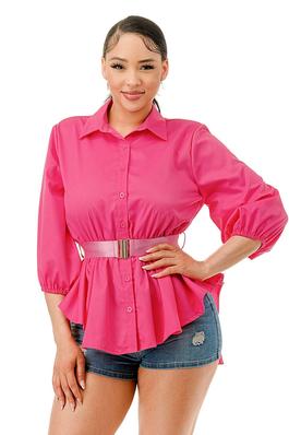 Front Button Closures Waist Belted Tunic Shirt Top
