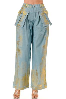 Foil Vintage Coating Wide Leg Cargo Denim Pants