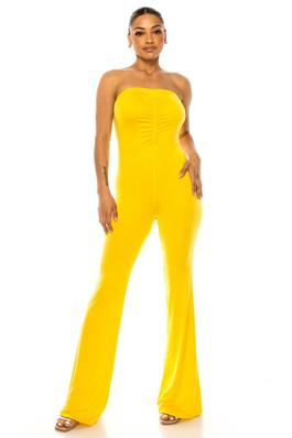 Elegant Ruched Strapless Jumpsuit with Boot-Cut Legs