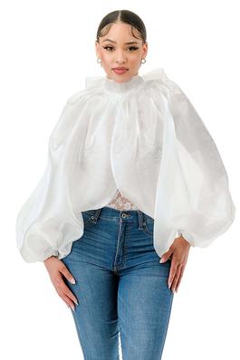 Long Sleeve Lace Top with Organza Long Balloon Sleeve Blouse Set