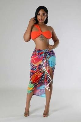 Chic Trio Set with Crop Top High-Waisted Bottoms Fringed Cover-Up Skirt