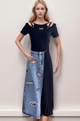 Duo Denim Contrast A-Line Maxi Skirt