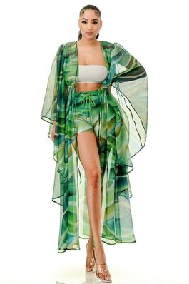 Long Wide Sleeves Sheer Gown Cover-Up and Short Set