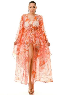 Plus Wide Sleeves Sheer Gown Cover-Up and Short Set