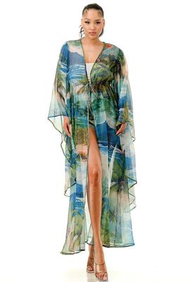 Long Wide Sleeves Sheer Gown Cover-Up and Short Set