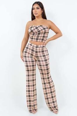 Taupe Print Co-ord Set Cropped Tube Top Pants