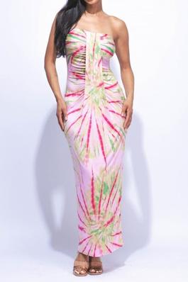 Sunburst tie dye printed draped tube maxi dress