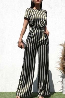 Elegance Striped Woven Jumpsuit with Elastic Back and Side Pockets