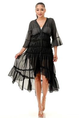 Flared Sleeve Asymmetric Tiered Layered Ruffle Dress