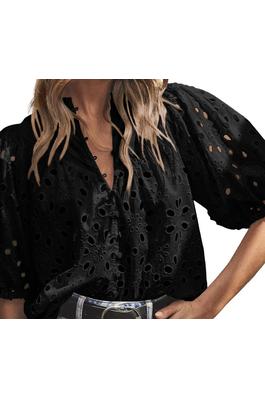 EMBROIDERED HOLLOW-OUT PUFF SLEEVE BLOUSE