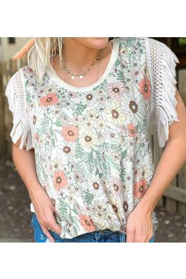  FLORAL CRINKLE GAUZE LACE FRINGED CROCHET TOP