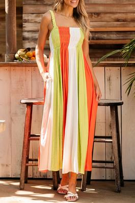 SHIRRED HIGH WAIST FIT AND FLARE MAXI DRESS