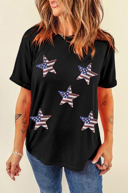 SEQUINED AMERICAN FLAG STAR GRAPHIC T SHIRT