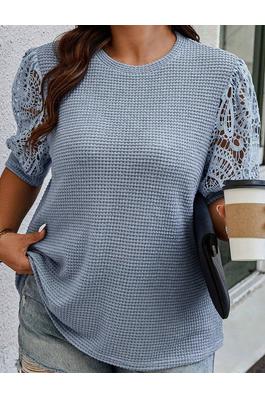 PLUS SIZE TEXTURED KNIT LACE SLEEVE T SHIRT