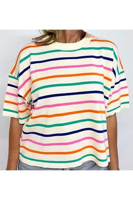 STRIPE DROPPED SHORT SLEEVE BOXY FIT KNITTED TOP