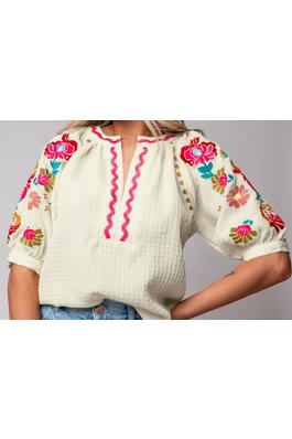 EMBROIDERED RICRAC PUFF SLEEVE TEXTURED BLOUSE