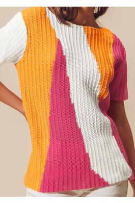 TEXTURED KNIT COLORBLOCK SHORT SLEEVE SWEATER