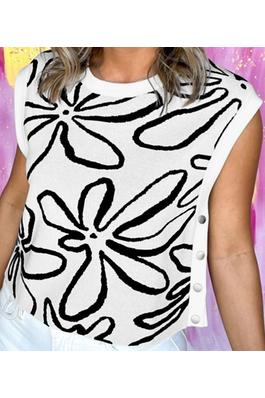BUTTON SIDES SLEEVELESS FLORAL KNITTED TOP