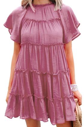 SHORT SLEEVE TIERED FRILLY MINI DRESS
