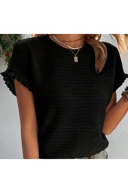 SOLID TEXTURED RUFFLED SHORT SLEEVE BLOUSE