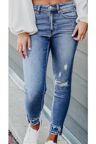 DISTRESSED FRAYED ANKLE SKINNY JEANS