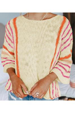STRIPED DETAIL WIDE SLEEVE LIGHTWEIGHT KNITTED SWE