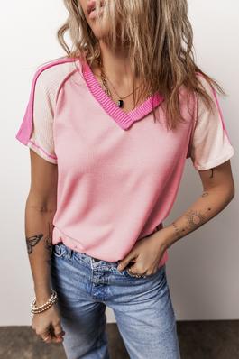  EXPOSED SEAM COLOR BLOCK KNITTED V NECK T-SHIRT