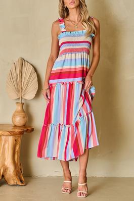 RUFFLED STRAPS SMOCKED TIERED LONG DRESS