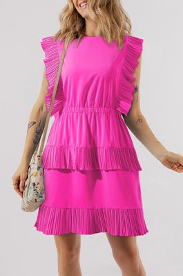 SOLID COLOR PLEATED LAYERED FLUTTER MINI DRESS