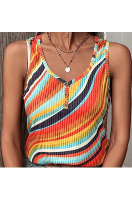 WAVY STRIPED BUTTONED V NECK TANK TOP