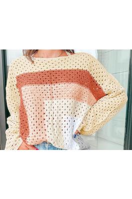 POINTELLE KNIT COLORBLOCK BAGGY SWEATER