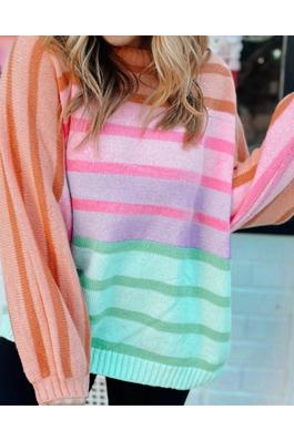 GRADIENT STRIPED RIBBED EDGE LOOSE SWEATER