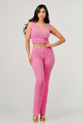 Popcorn Sleeveless Crop Top and Flare Trouser Set
