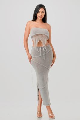 Hollow Out Crochet Tube Top With Long Skirt Set