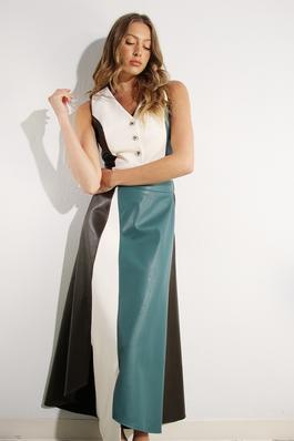 FAUX LEATHER COLOR BLOCK TOP AND SKIRT SET