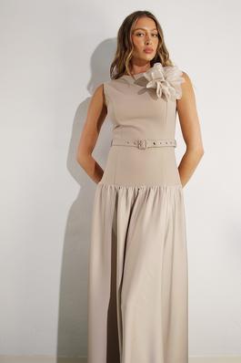 MIXED FABRIC BELTED MAXI DRESS