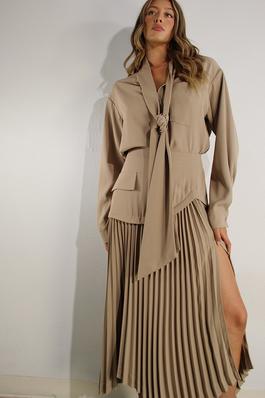 LONG SLEEVE TIE NECK AND PLEATED SKIRT SET