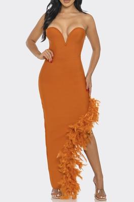 Strapless Feather Trim Gown