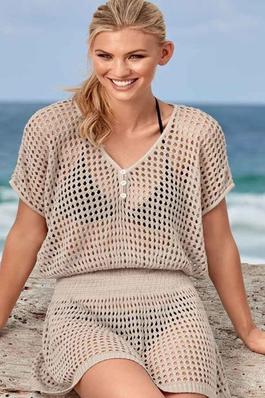 See-Through Fishnet Short Sleeve Bikini Cover Up Dress