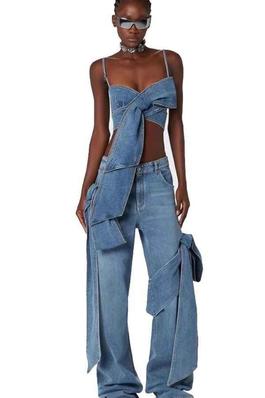 Denim Fashion Knot Detail Crop Top Two Piece Jeans Set