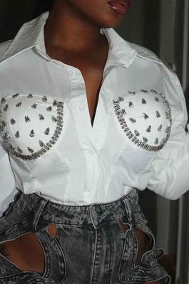 Rhinestone Decor Long Sleeve Button Down Fashion Shirt