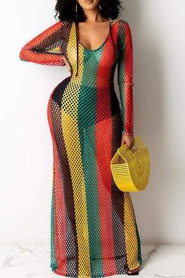 new colorblock fishnet design hooded cover up dress