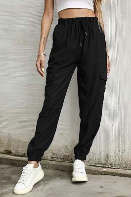 women long sweatpants black polyester raised waist thin trousers