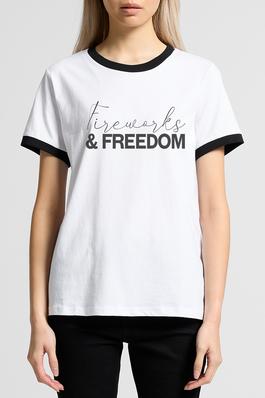 Cursive Fireworks And Freedom  Ringer Tee
