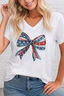 Coquette American Flag Bow,  Unisex  V Neck Tee