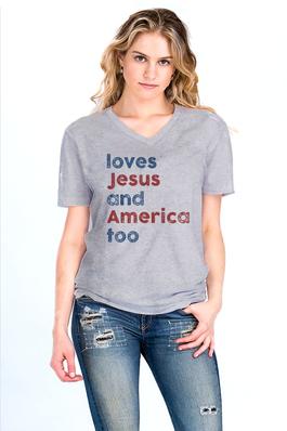 Loves Jesus And America Too, Unisex V Neck T-Shirt